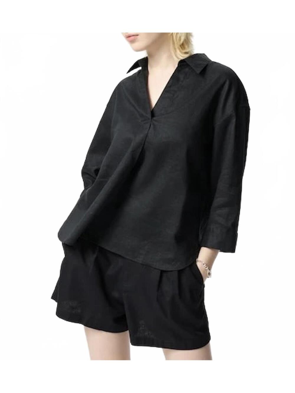 Uniqlo Premium Linen Skipper Collar Shirt Black NWT Large